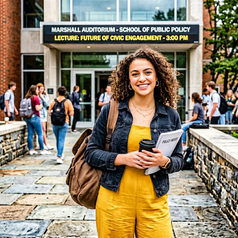 Energetic Student in Yellow Dress with Brown Curls at Auditorium