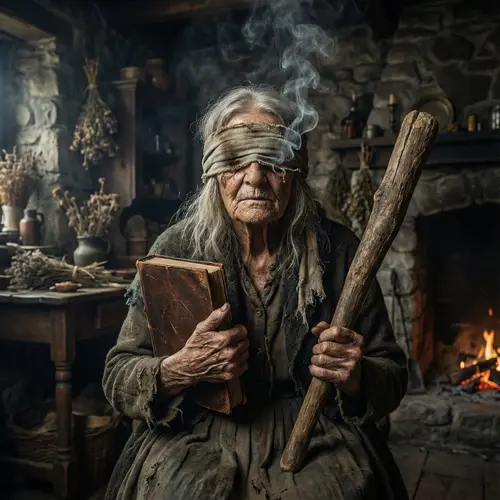 Mysterious Old Witch with Smoke and a Book