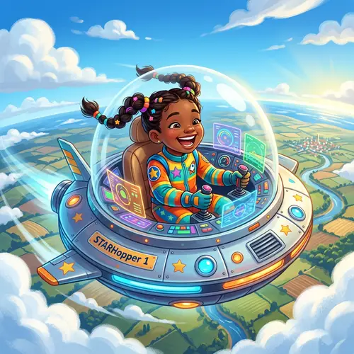 Young African-Asian Girl Piloting Flying Saucer | Exciting Sky Adventure