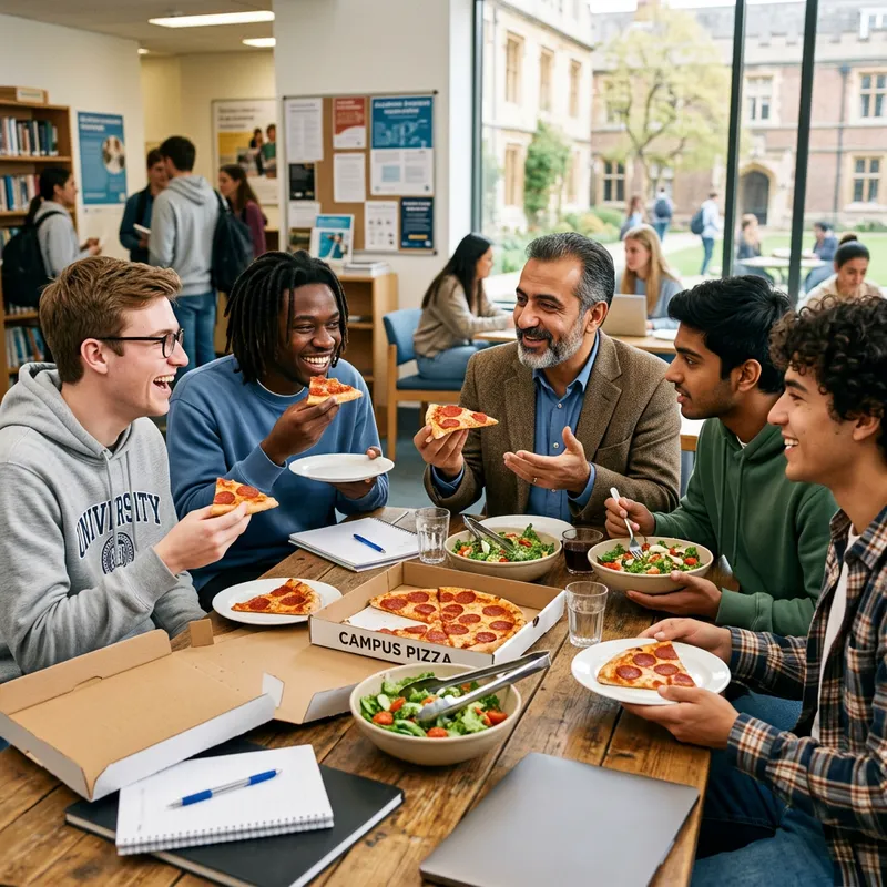 College Students Dining with Professor: Pizza & Salad Chat College Students Dining with Professor: Pizza & Salad Chat