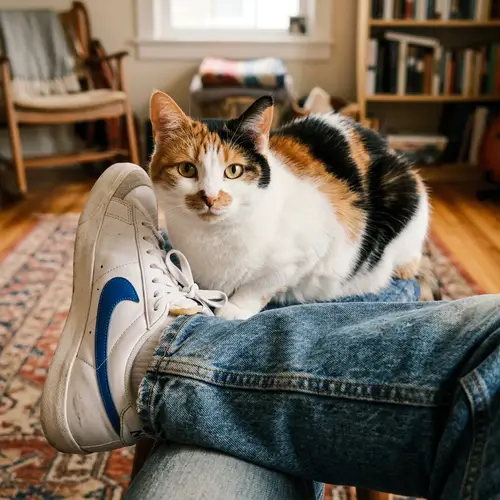 Chubby Calico Cat on Faded Denim Jeans and Sneakers