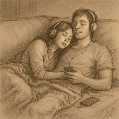 Romantic Pencil Drawing of a Couple on a Sofa