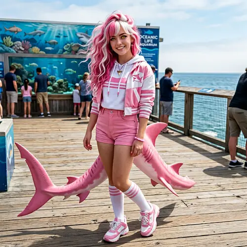 Pink and White Hair Girl with Unique Pink Shark Tail