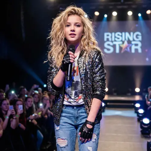 Rising Star Female Pop Singer with Blonde Hair & Fashionable Attire