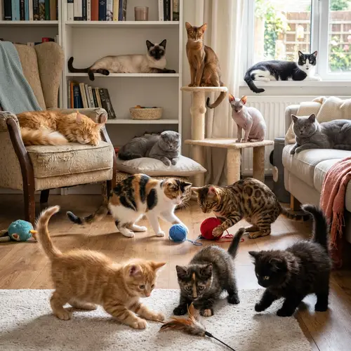 Diverse Range of Feline Breeds Displayed by Cats in Various Poses