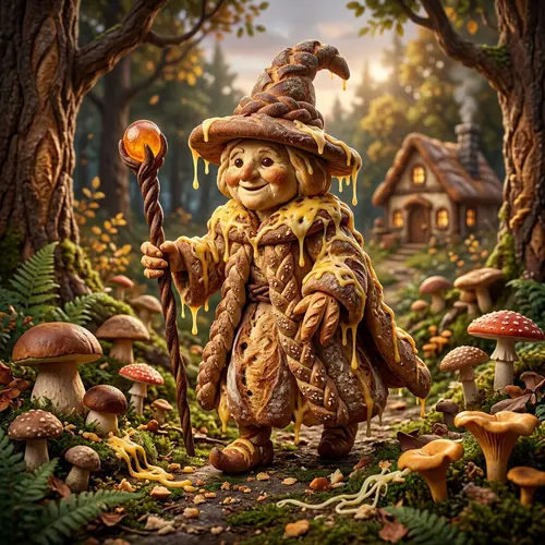 Whimsical Bread Witch and Cheesy Mushroom Delight