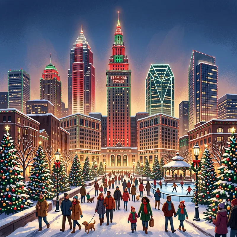 Postmodern Cleveland Skyline at Christmas | Terminal Tower & City Lights