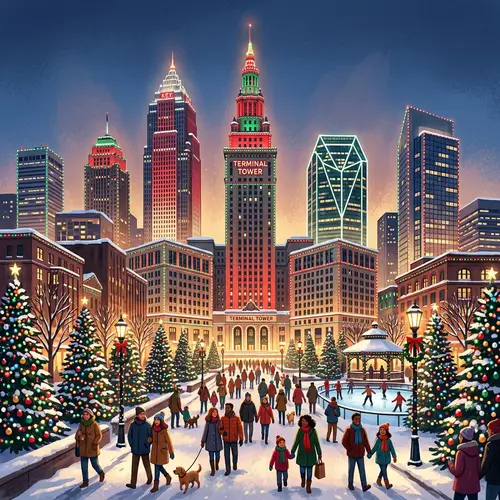 Postmodern Cleveland Skyline During Christmas | Terminal Tower & City Lights