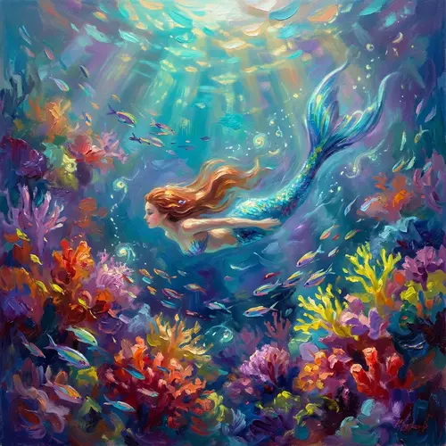 Surreal Underwater Mermaid Scene with Vibrant Coral Reefs