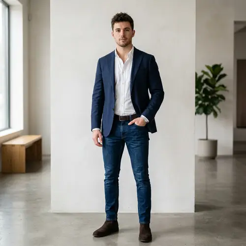 Stylish Young Man in Casual Blazer and Jeans