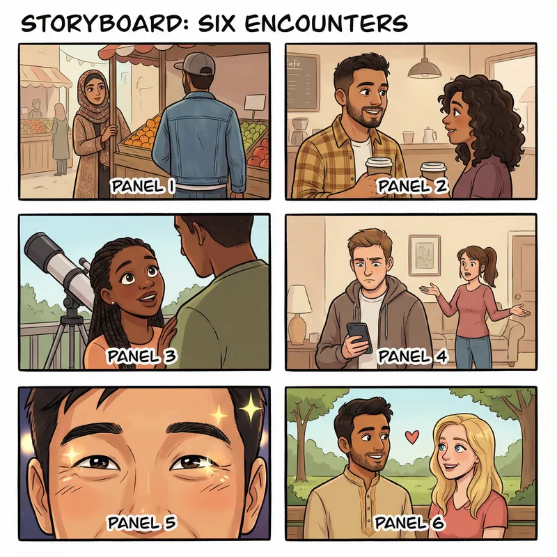 Cartoon Storyboard: Woman Man Sparkling Eyes Interaction