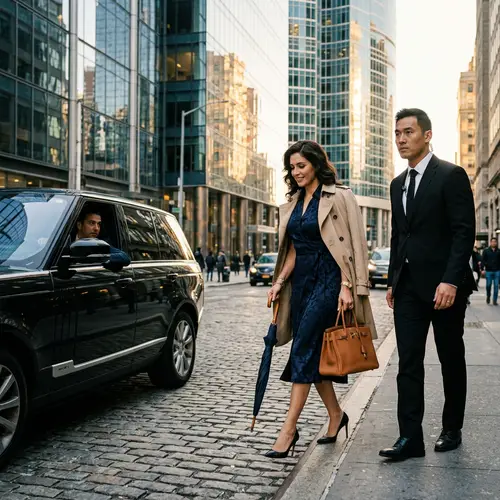 Elegant Wealthy Hispanic Woman Walking with Bodyguard in Urban Setting