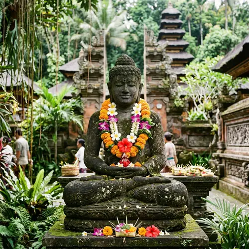 Stoned Buddha with Flower Necklace in Bali