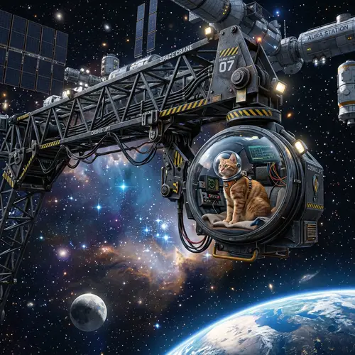 Cat Traveling Through Space on a Crane