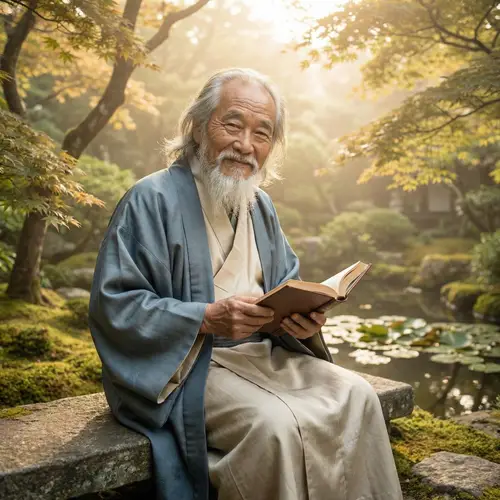 Wisdom and Tranquility in Traditional Garden: East Asian Elder with Grey Hair and Beard