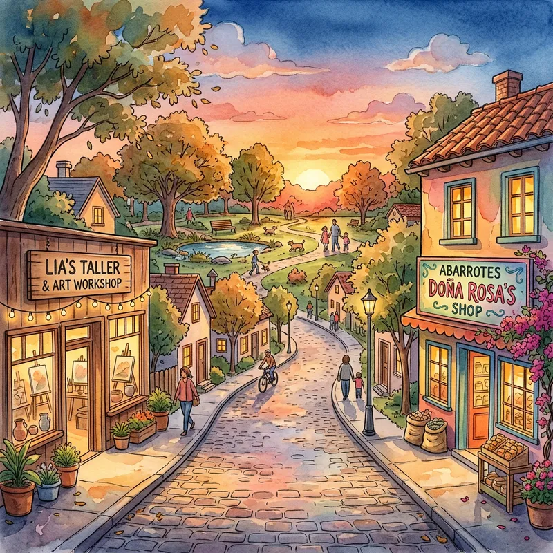 Sunset Street Scene: Doña Rosa's Shop & Park Sunset Street Scene: Doña Rosa's Shop & Park