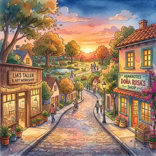 Sunset Street Scene: Doña Rosa's Shop & Park