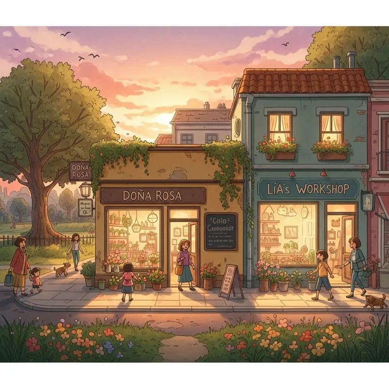 Sunset Street Scene: Doña Rosa's Shop & Park Sunset Street Scene: Doña Rosa's Shop & Park