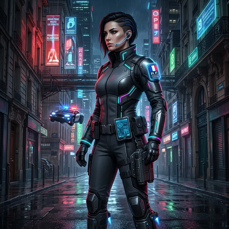 French Cyberpunk Woman in Futuristic Uniform with Neon Accents