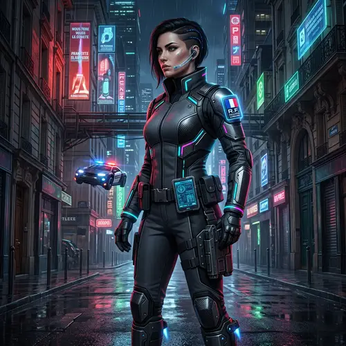 French Cyberpunk Woman in Futuristic Uniform