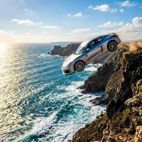 Sleek Car Leaping Into Vibrant Ocean - Unexpected Spectacle