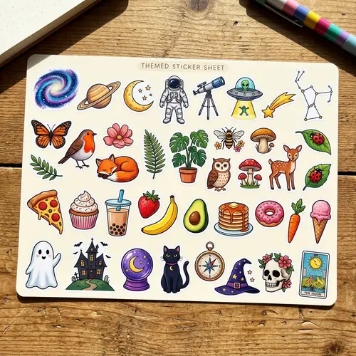 Colorful Stickers with Diverse Designs for Astronomy, Nature, Food, and More