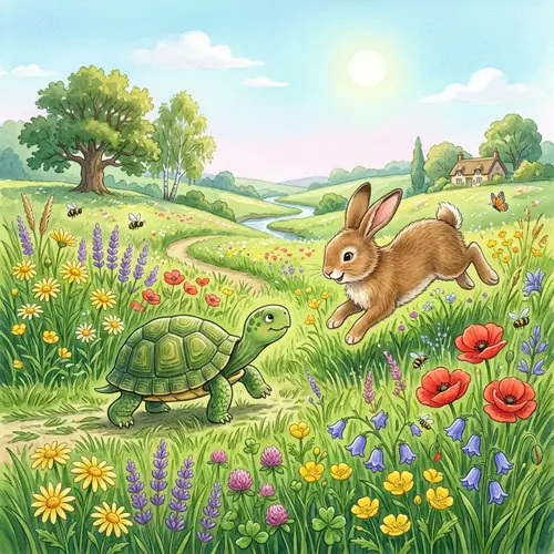 Green Turtle and Brown Rabbit Interacting in Vibrant Meadow