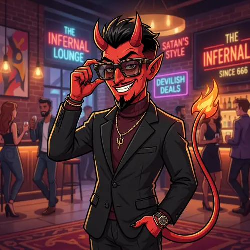 Stylish Devil Cartoon with Designer Glasses - Modern Fashion Twist
