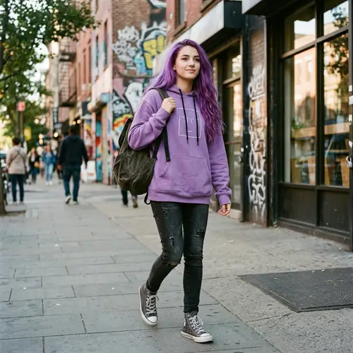 Trendy Girl in Purple Hoodie and Gray Shoes