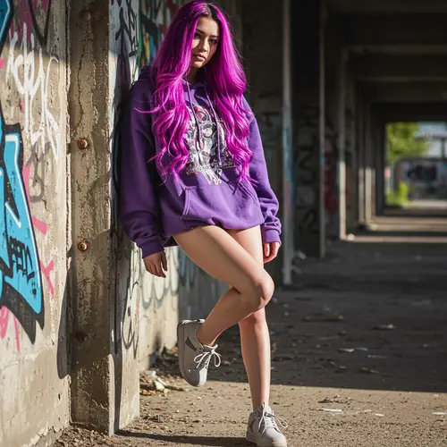 Trendy Girl in Purple Hoodie and Gray Shoes
