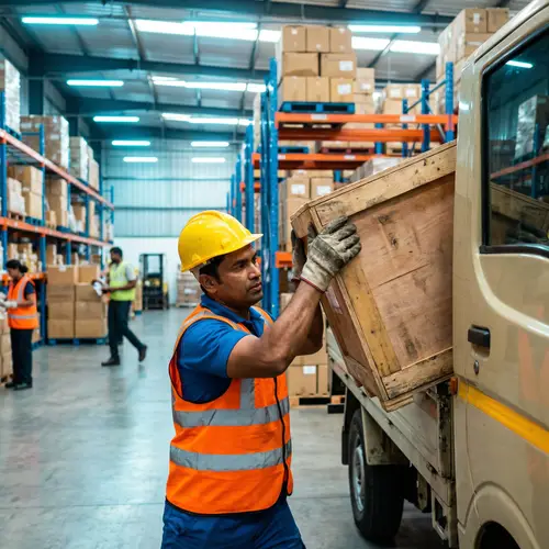 South Asian Male Loading Cargo Truck in Industrial Warehouse