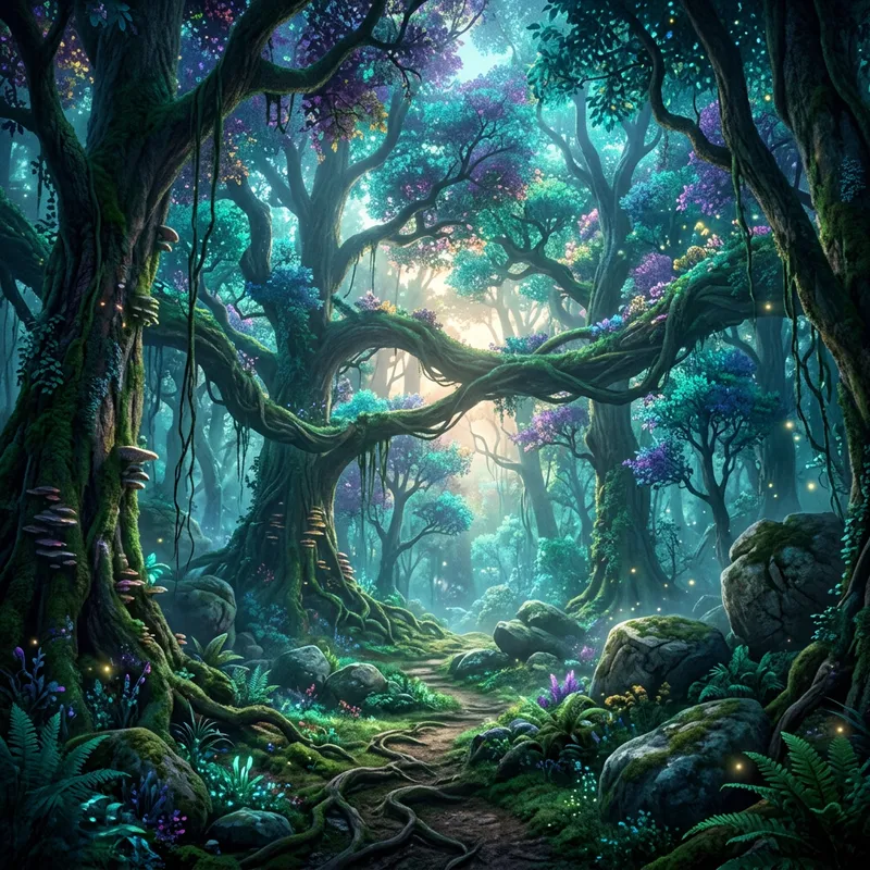 Enchanting Fantasy Forest with Lush Foliage and Giant Stones Enchanting Fantasy Forest with Lush Foliage and Giant Stones