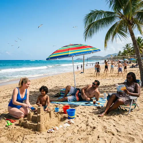 Diverse Tourists Enjoying Beach Activities | Seaside Vacation Scene