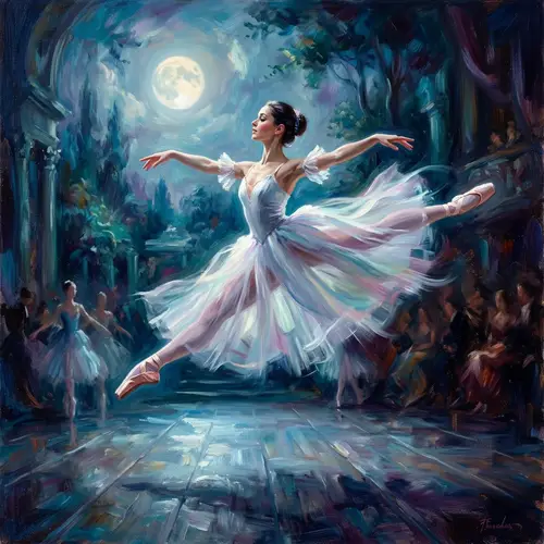 Elegant Ballerina Dancing on Moonlit Stage | Impressionist Style