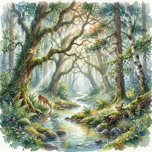 Mystical Forest Watercolor Painting - Enchanting Nature Art