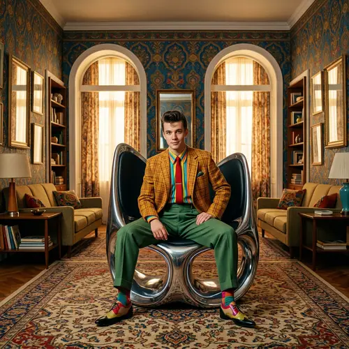 Quaint Symmetric Room with 1960's New Hollywood Design Elements