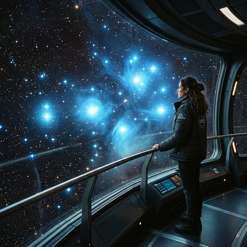 Explore the Pleiades Nebula from a Spaceship Deck
