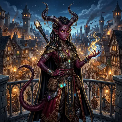 Powerful Tiefling Sorcerer in a Bustling City | Burgundy Skin, Golden Eyes