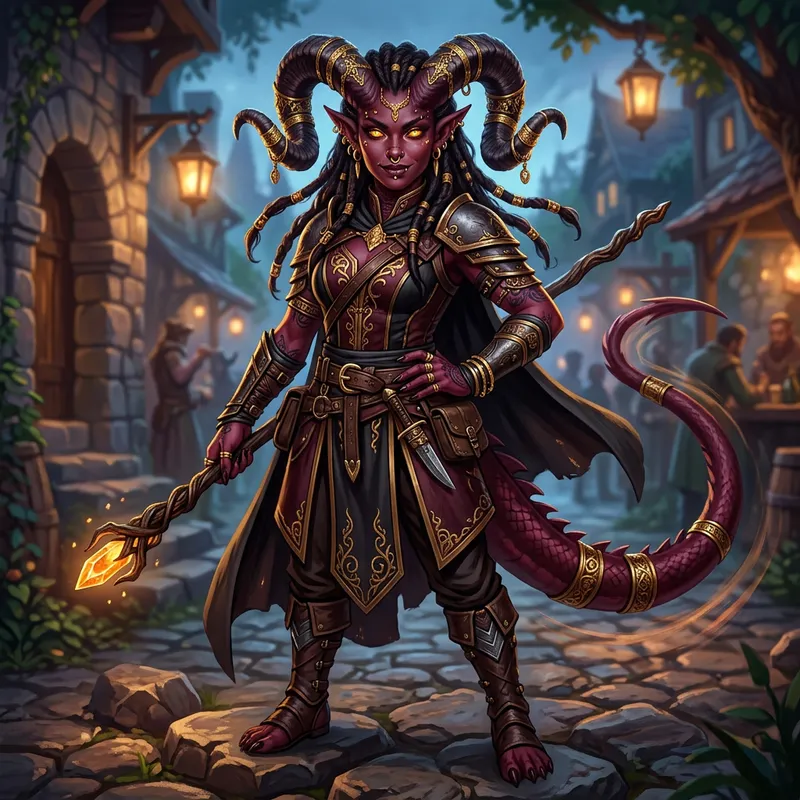 Burgundy Tiefling with Golden Eyes, Horns, Piercings, and Tail