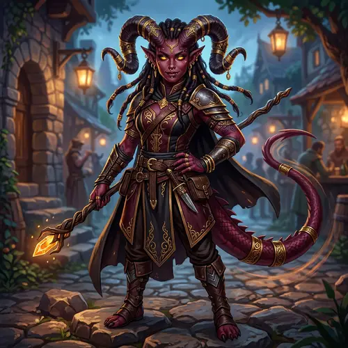 Burgundy Tiefling with Golden Eyes and Spiraling Horns