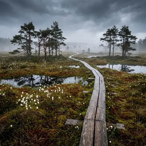 Tranquil Bog Landscape with Peat Moss and Cotton Sedge