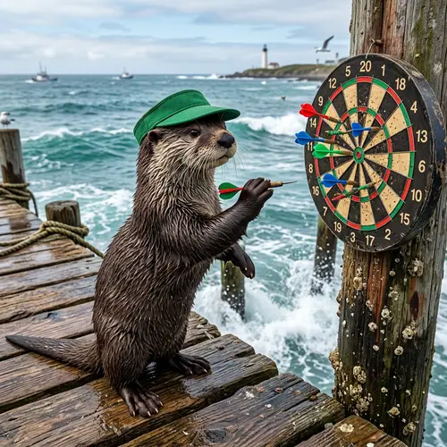 Playful Sea Otter Engrossed in Dart Game on Pier Post