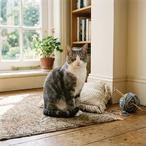 Grey and White Domestic Cat with Pricked Ears | Relaxing in Sunlight
