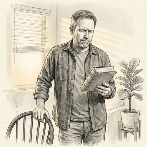 Caucasian Male Skeptical Holding Religious Book in Casual Clothing