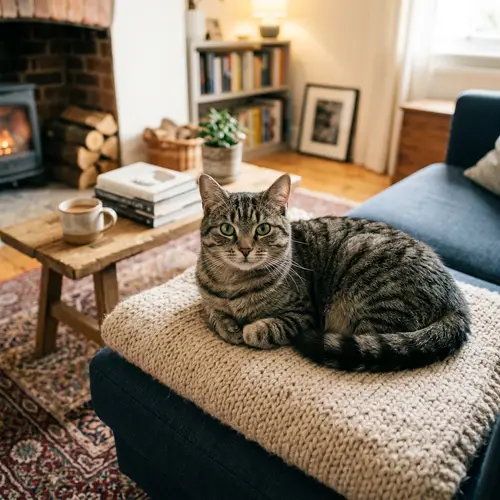 Adorable Cat Lounging on Cozy Cushion