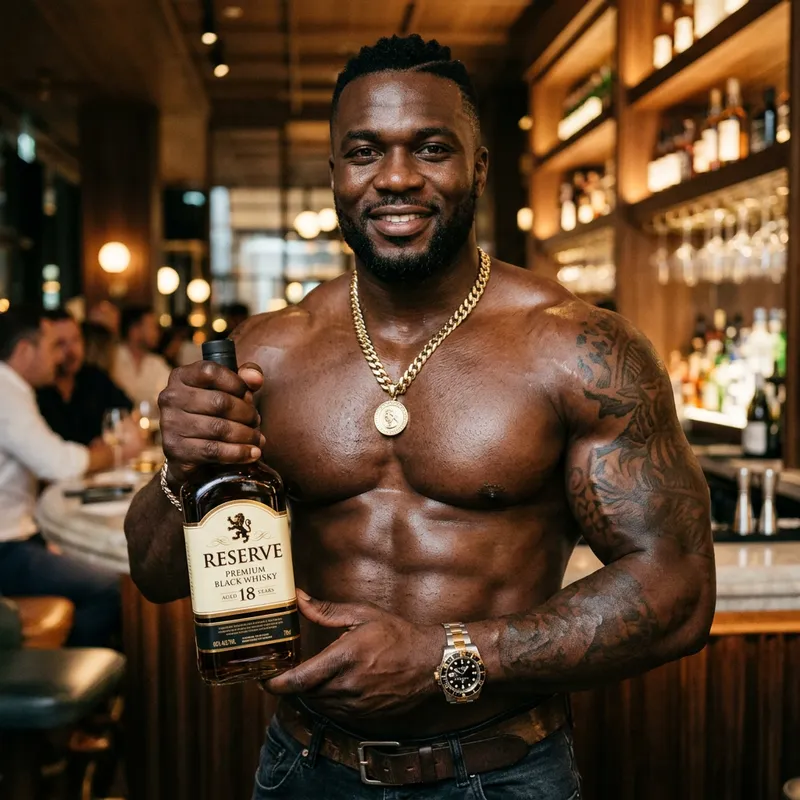 Muscular Black Man Showcasing Product Bottle