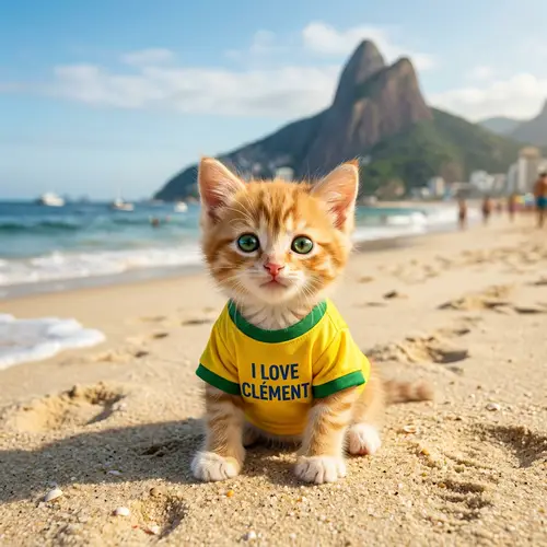 Cute Kitten in Brazilian Jersey at Rio Beach