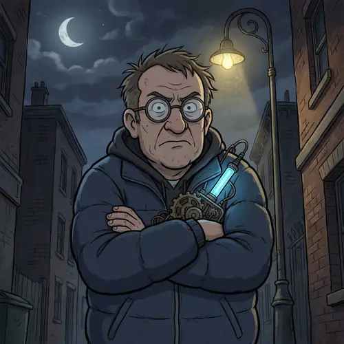 Angry Middle-Aged Man in Padded Jacket Holding Modified Weapon