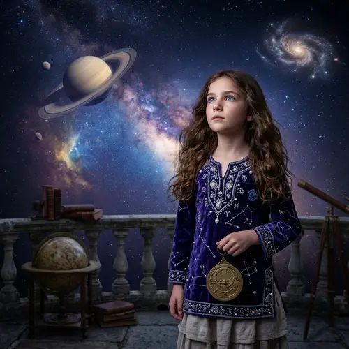 Young Girl in Cosmic Landscape: Celestial Authority Portrayed