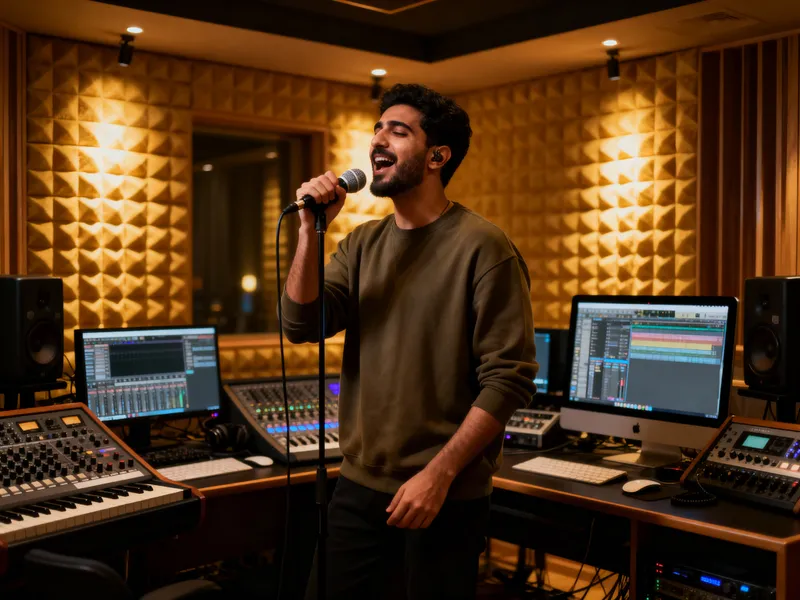 Passionate Middle-Eastern Singer in Modern Studio